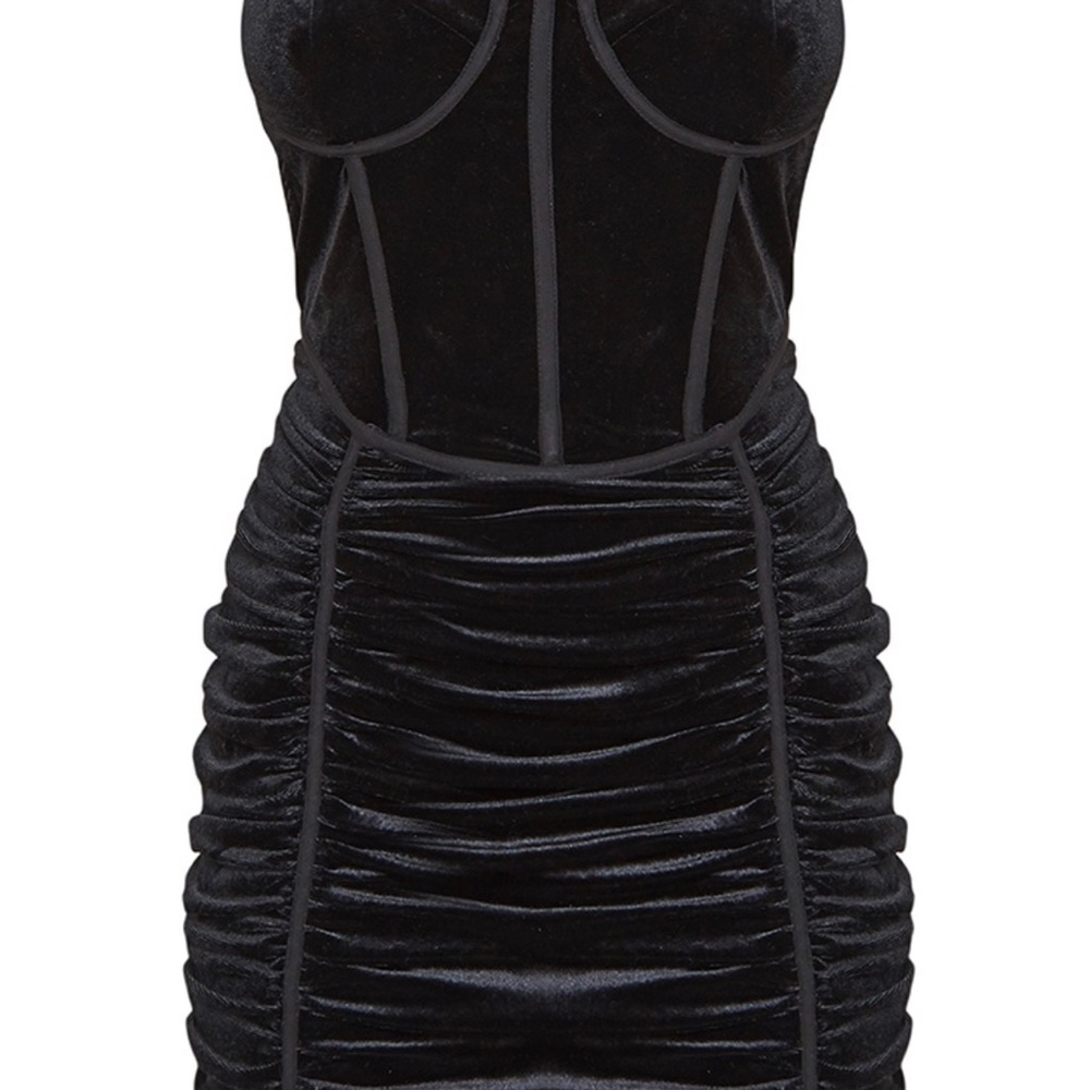Black Velvet Corset Ruched Binding Detail Bodycon Dress